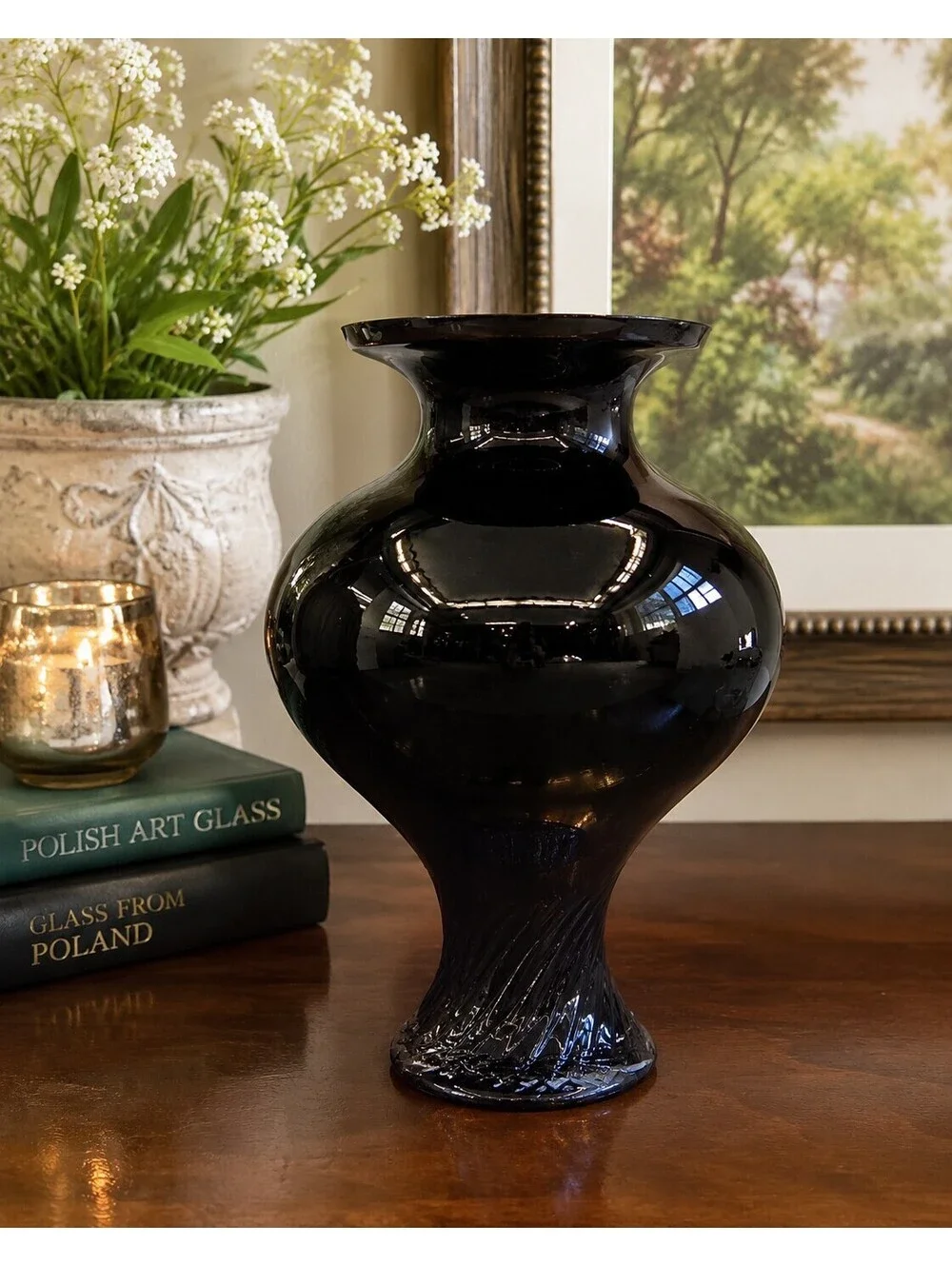 Vintage Krosno Attributed Black Amethyst Art Glass Pedestal Vase Poland